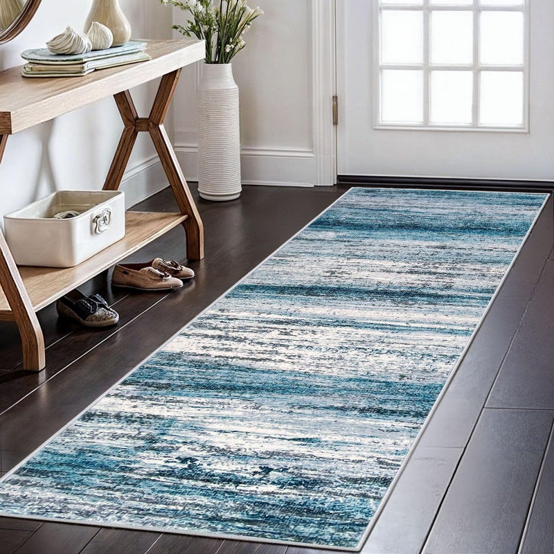 KOZYFLY Modern Abstract Hallway Runner Rug 2x6 Washable Rug Runner NonSlip Soft Striped Kitchen Runner Rugs Print Blue Carpet Runner for Entryway Bathroom Laundry Room Foyer