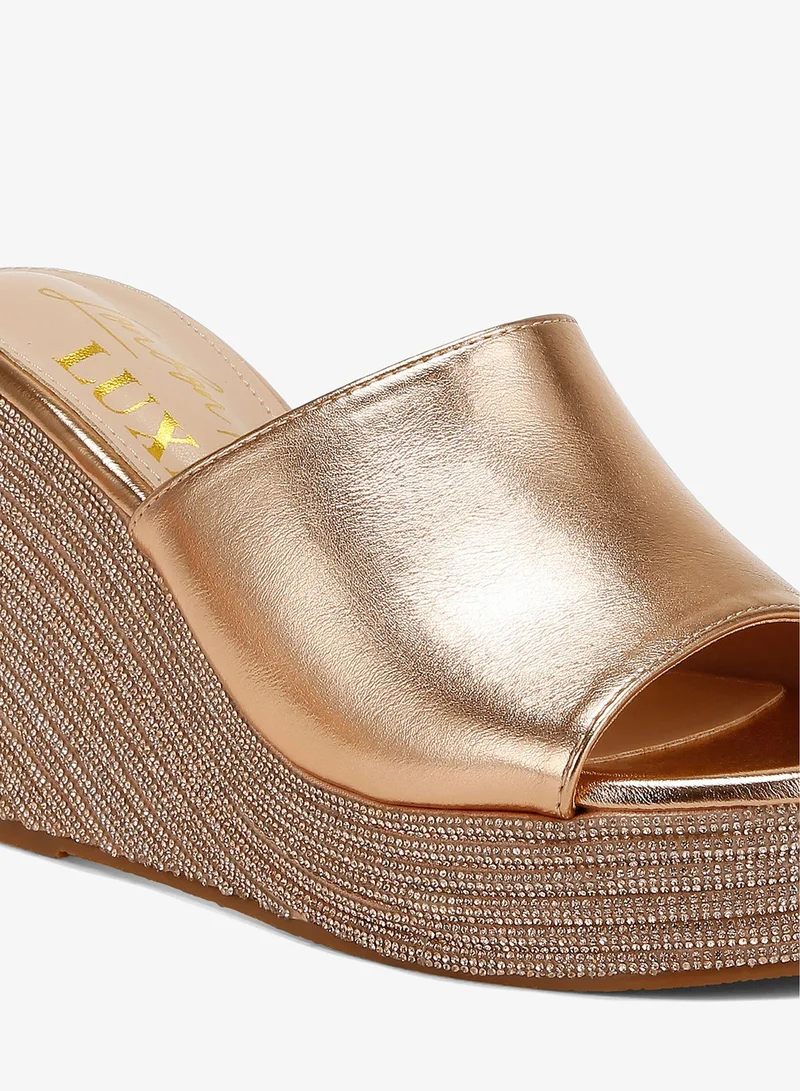 London Rag Wedge Heel Peep Toe Sandals in Rose Gold