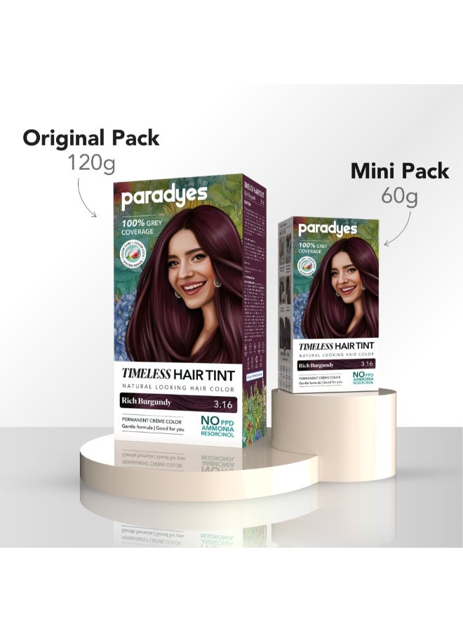 Paradyes Mini Rich Burgundy Timeless Hair Tint, Permanent Crème Hair Color for Hair & Beard, Complete Grey Coverage, Formula Free from PPD, Ammonia, & Resorcinol, 3.16 Rich Burgundy, 60 GRAM - Image 3
