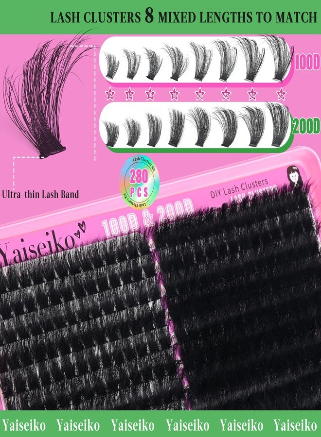 Yaiseiko Lash Clusters Kit 100D+200D Thick Volume Eyelash Clusters Kit 12-25mm Wispy Individual Lashes D Curl Long Cluster with Lash Bond and Seal Waterproof DIY Lash Extension Kit(KIT-280PCS) - Image 2