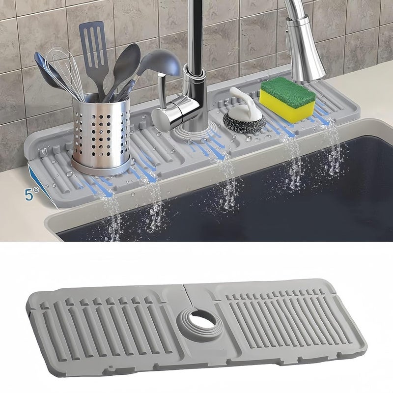 SHOPOLIFE Faucet Mat for Kitchen Sink Wash Basin Bathroom || Silicone Water Draining Pad || Non-Slip Soap Holder for Kitchen || Sink Splash Guard || 34x13 CM (1 Pc - Multicolor)  - Image 1