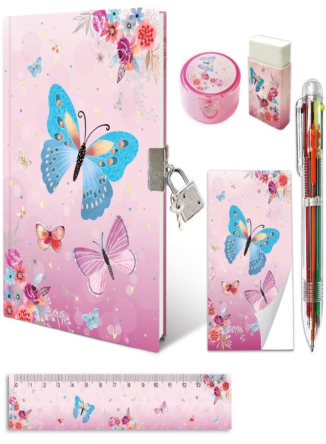 GINMLYDA Girls Diary with Lock, Butterfly Secret Diary Set Incl. Kids Lockable Journal Memo 6-Multicolor Pen Ruler Eraser Sharpener Writing Notebook Gift for Girls 6-10 - Image 1