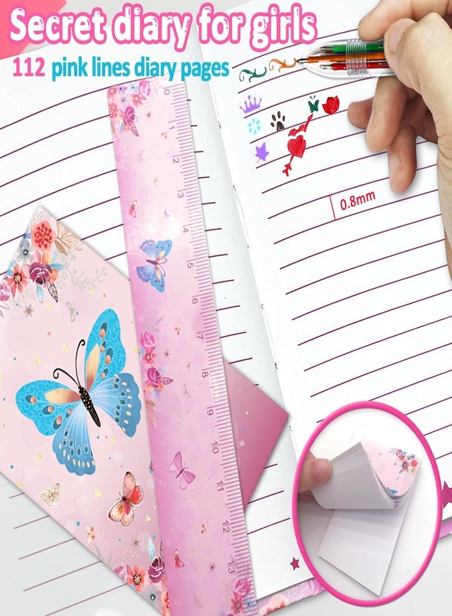 GINMLYDA Girls Diary with Lock, Butterfly Secret Diary Set Incl. Kids Lockable Journal Memo 6-Multicolor Pen Ruler Eraser Sharpener Writing Notebook Gift for Girls 6-10 - Image 3