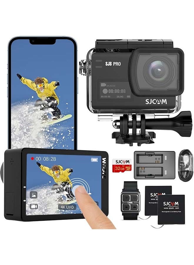 أس جي كام - كاميرا SJCAM SJ8Pro Action الأصلية بدقة 4K و60 إطارًا في الثانية مع مجال رؤية 170 درجة وشاشة تعمل باللمس وتقنية تثبيت EIS3.0 وتقريب بطيء 8 مرات وكاميرا تحت الماء مع جهاز تحكم عن بعد وبطاريتين وملحقات وميكروفون خارجي SUP Vlog Live - Image 1