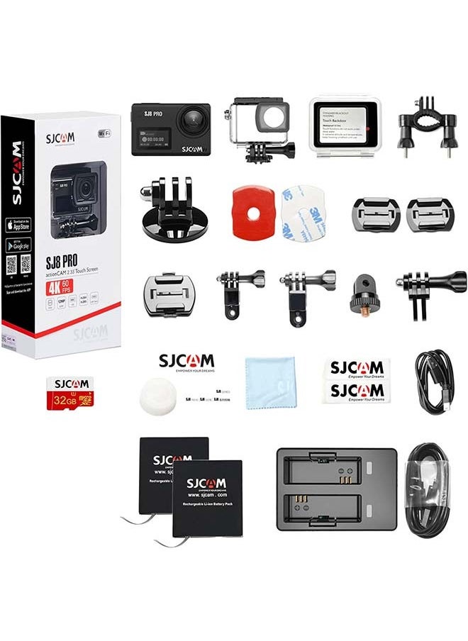أس جي كام - كاميرا SJCAM SJ8Pro Action الأصلية بدقة 4K و60 إطارًا في الثانية مع مجال رؤية 170 درجة وشاشة تعمل باللمس وتقنية تثبيت EIS3.0 وتقريب بطيء 8 مرات وكاميرا تحت الماء مع جهاز تحكم عن بعد وبطاريتين وملحقات وميكروفون خارجي SUP Vlog Live - Image 1