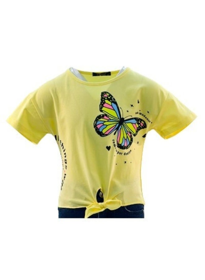 JOANNA JOANNA 23KY370B Girl's Front Tie With Butterfly Design Round Neck Short Sleeve T-Shirt - Yellow - Image 1