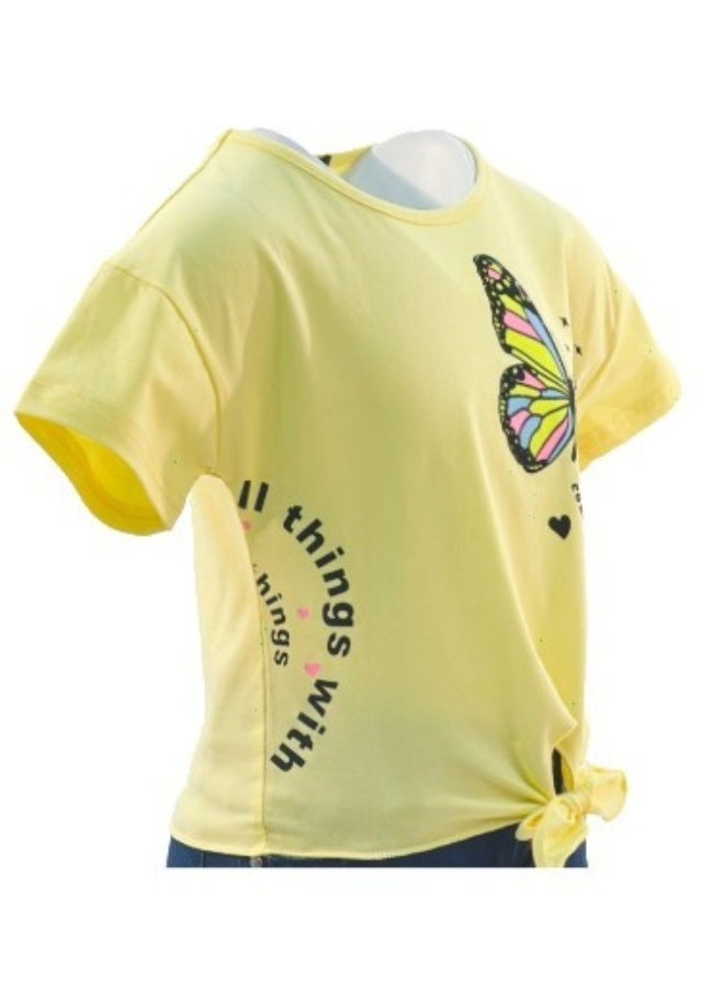 JOANNA JOANNA 23KY370B Girl's Front Tie With Butterfly Design Round Neck Short Sleeve T-Shirt - Yellow - Image 2
