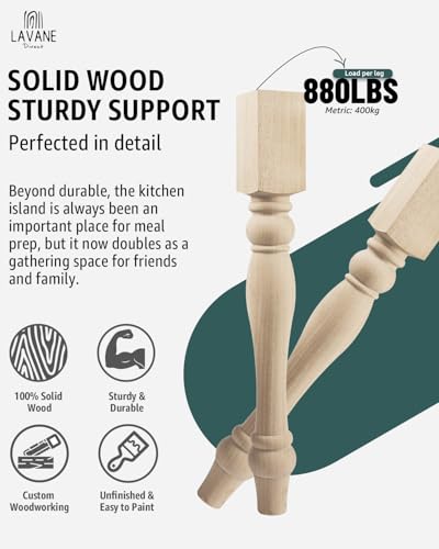 La Vane 16x3.5x3.5 inch Wooden Chunky Farmhouse Table Chair Legs, Set of 4 Solid Wood Massive Unfinished Turned Replacement Countertop Legs Kitchen Island Cabinet Columns for Bench Coffee Table Dining Table - Image 3