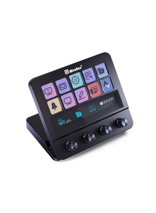 MiraBox N4 Stream Deck Controller with 10 Programmable LCD Keys, 4 Rotary Dials, Touch Bar and USB Hub, Macro Control Pad for Live Streaming, Gaming, Audio Mixing, Content Creation, OBS Studio, Twitch, YouTube, Windows and Mac - Image 1