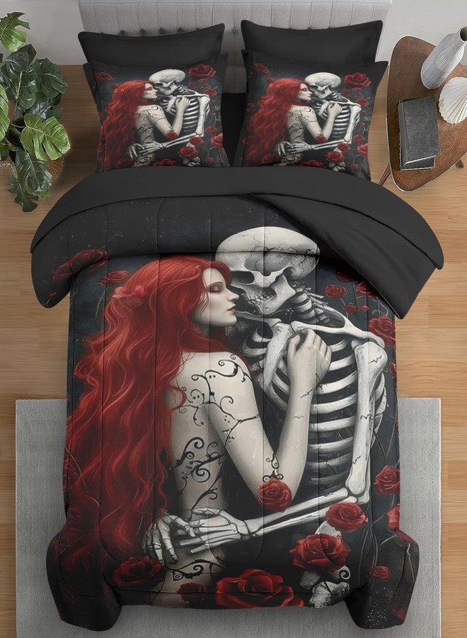 Pamnest Comforter Set King Size, Death Skeleton Black 7 Pcs Bedding for Kids and Adults, Lover Rose Bed Sheet Sets with Fitted Sheet 2 Pillowcases & 2 Shams for Bedroom Bed Decor - Image 1