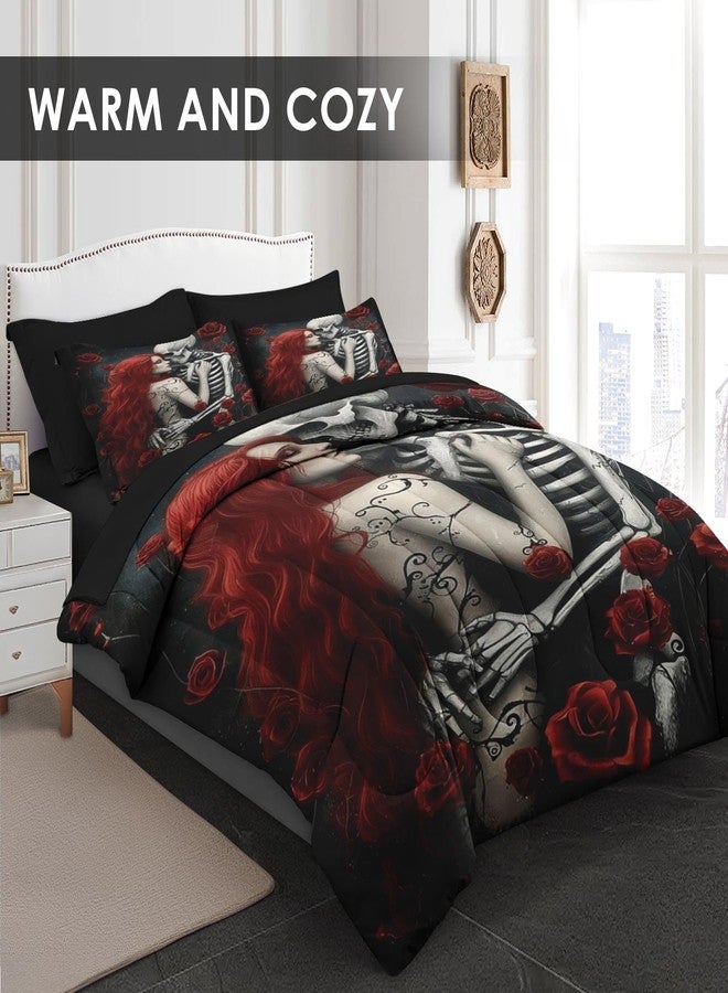 Pamnest Comforter Set King Size, Death Skeleton Black 7 Pcs Bedding for Kids and Adults, Lover Rose Bed Sheet Sets with Fitted Sheet 2 Pillowcases & 2 Shams for Bedroom Bed Decor - Image 2