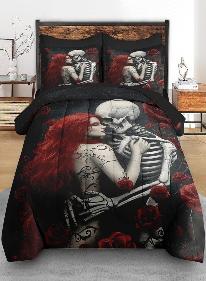 Pamnest Comforter Set King Size, Death Skeleton Black 7 Pcs Bedding for Kids and Adults, Lover Rose Bed Sheet Sets with Fitted Sheet 2 Pillowcases & 2 Shams for Bedroom Bed Decor - Image 3
