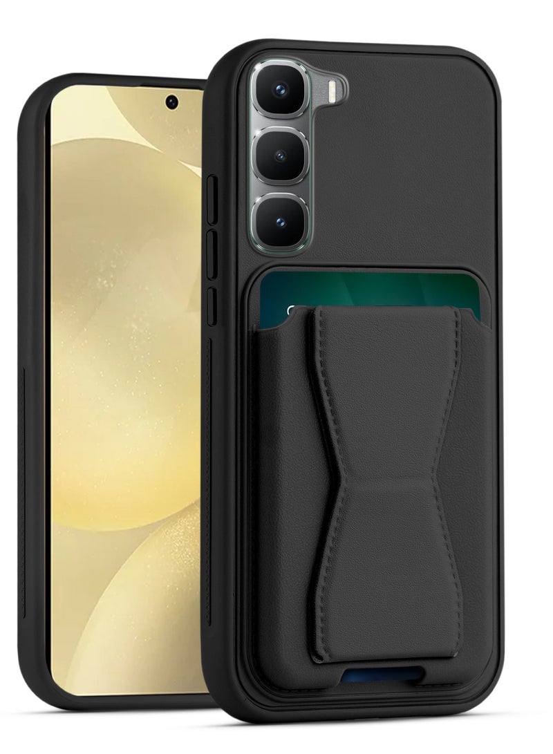 غطاء خلفي من الجلد مع محفظة بطاقات، جراب قابل للطي ومقاوم للصدمات متوافق مع هاتف Infinix Hot 60 Pro (أسود)