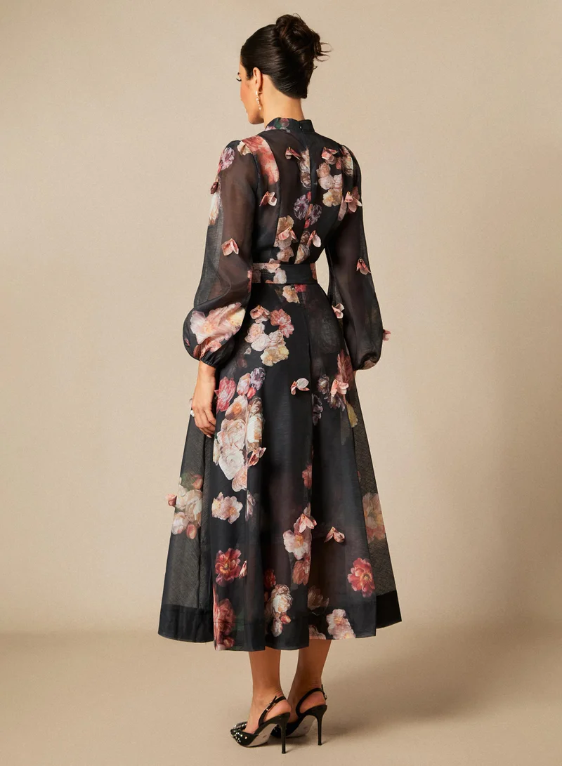 Sunfere Black Sophie Floral Print Long Sleeve Midi Dress for Women | Best Price UAE
