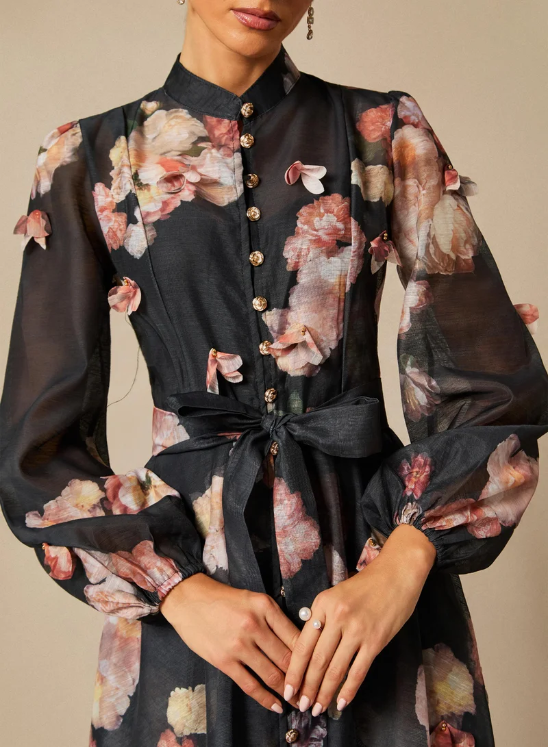 Sunfere Black Sophie Floral Print Long Sleeve Midi Dress for Women | Best Price UAE
