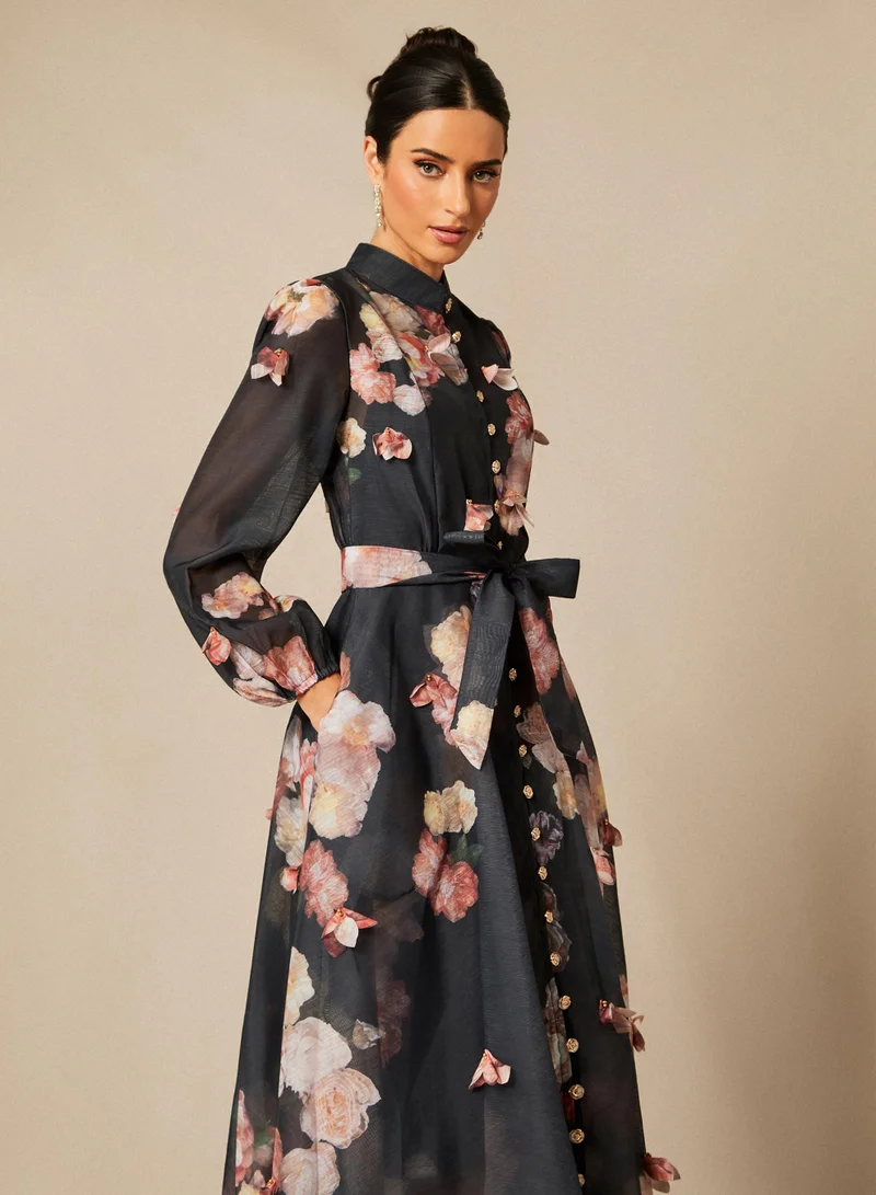 Sunfere Black Sophie Floral Print Long Sleeve Midi Dress for Women | Best Price UAE