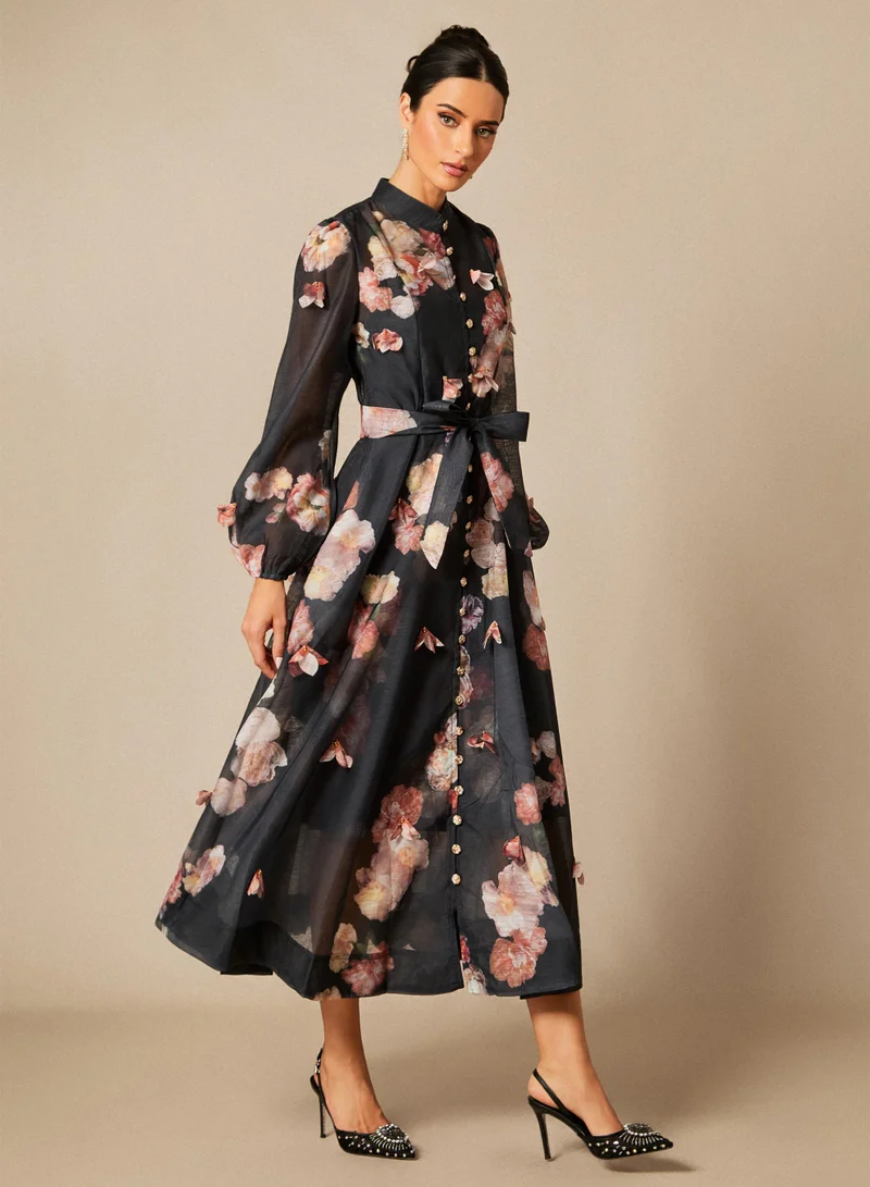 Sunfere Black Sophie Floral Print Long Sleeve Midi Dress for Women | Best Price UAE