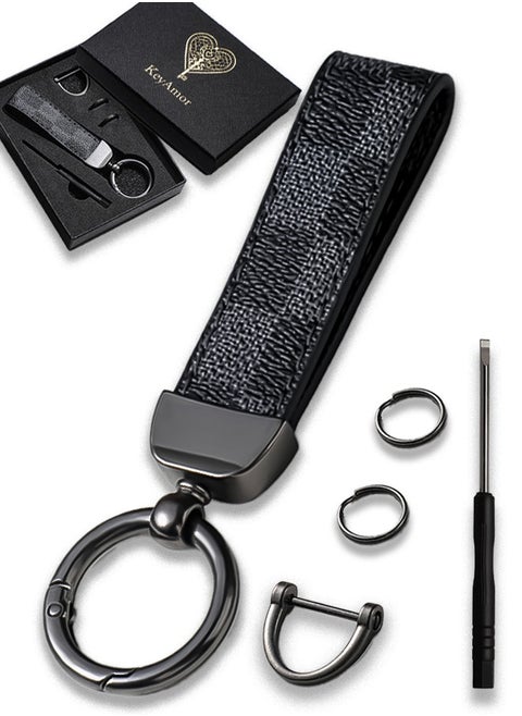 Elegant metal and leather keychain car key holder for adults. Stylish keychain with gunmetal-coloured rings, perfect for men, featuring 3 key rings for added functionality. Made with elegant and refined grey and black leather, it offers 360-degree rotation for convenience and comes beautifully packaged in a fancy gift box, making it an excellent accessory or gift choice.