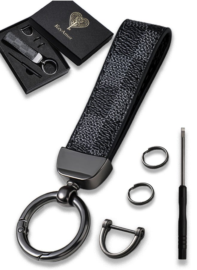 KeyAmor Elegant metal and leather keychain car key holder for adults. Stylish keychain with gunmetal-coloured rings, perfect for men, featuring 3 key rings for added functionality. Made with elegant and refined grey and black leather, it offers 360-degree rotation for convenience and comes beautifully packaged in a fancy gift box, making it an excellent accessory or gift choice.  - Image 1