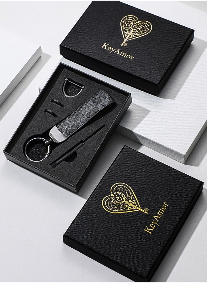 KeyAmor Elegant metal and leather keychain car key holder for adults. Stylish keychain with gunmetal-coloured rings, perfect for men, featuring 3 key rings for added functionality. Made with elegant and refined grey and black leather, it offers 360-degree rotation for convenience and comes beautifully packaged in a fancy gift box, making it an excellent accessory or gift choice.  - Image 2