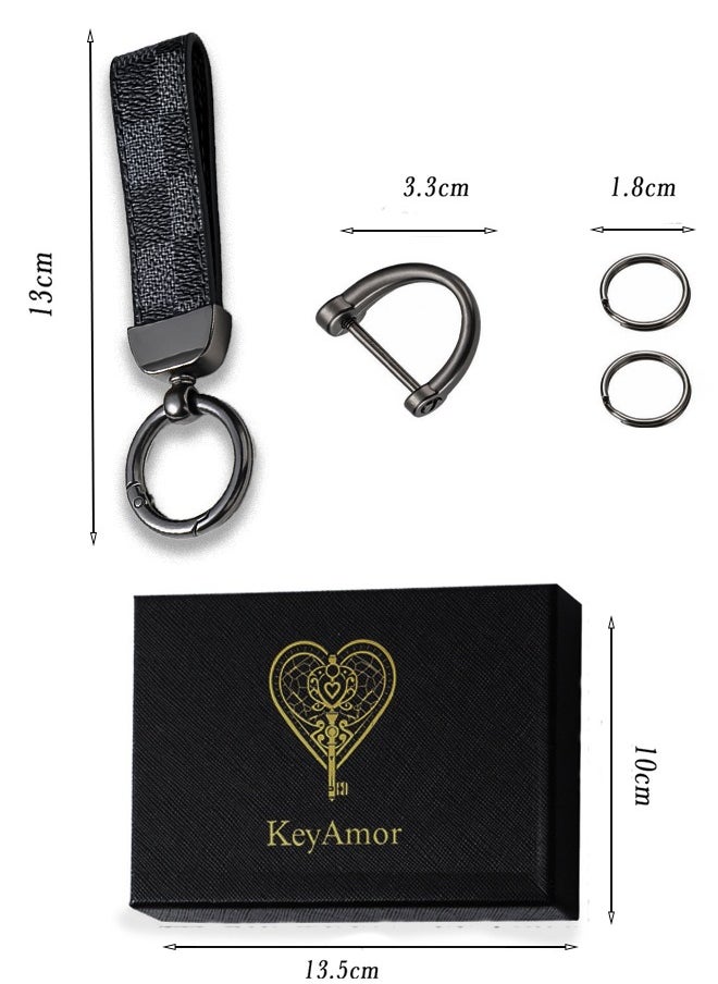KeyAmor Elegant metal and leather keychain car key holder for adults. Stylish keychain with gunmetal-coloured rings, perfect for men, featuring 3 key rings for added functionality. Made with elegant and refined grey and black leather, it offers 360-degree rotation for convenience and comes beautifully packaged in a fancy gift box, making it an excellent accessory or gift choice.  - Image 3