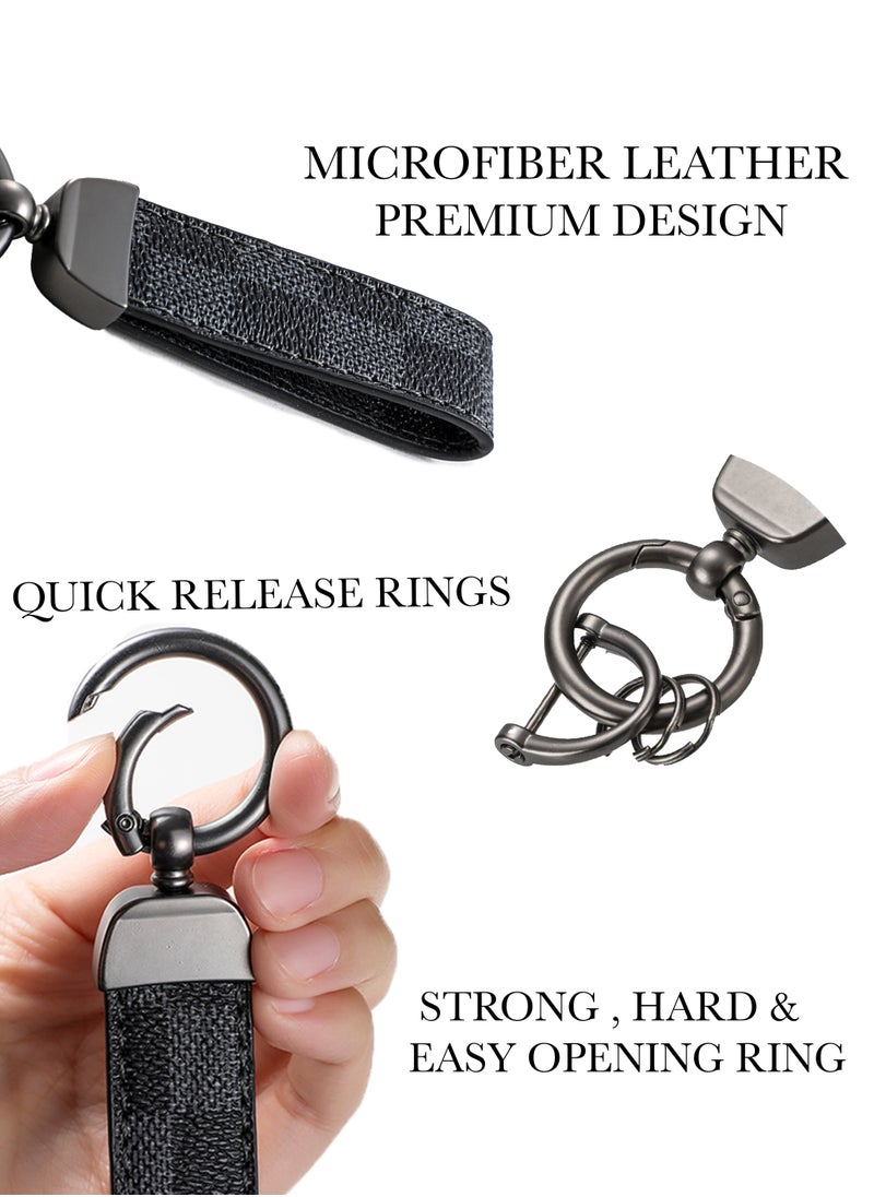 KeyAmor Elegant metal and leather keychain car key holder for adults. Stylish keychain with gunmetal-coloured rings, perfect for men, featuring 3 key rings for added functionality. Made with elegant and refined grey and black leather, it offers 360-degree rotation for convenience and comes beautifully packaged in a fancy gift box, making it an excellent accessory or gift choice.  - Image 4