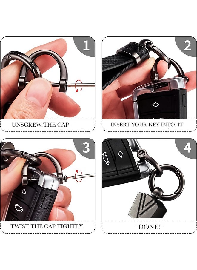 KeyAmor - Elegant metal and leather keychain car key holder for adults. Stylish keychain with gunmetal-coloured rings, perfect for men, featuring 3 key rings for added functionality. Made with elegant and refined grey and black leather, it offers 360-degree rotation for convenience and comes beautifully packaged in a fancy gift box, making it an excellent accessory or gift choice. - Image 1