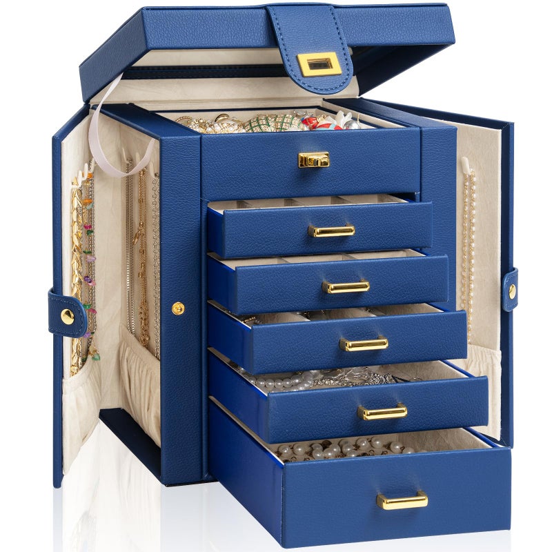 AKOZLIN Jewelry Box Organizer Functional Leather Jewelry Storage Case for Women Girls Ring Necklace Earring Bracelet Holder Organizer with Mirror Blue