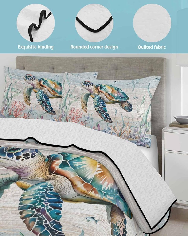 Quilts Full Size Bedding Set, Coastal Turtle Lightweight Quilted Comforter, Nautical Beach Sea Ocean Coral Vintage Soft Reversible Bedspread Coverlet with Pillow Covers for All Season, 78" x 90" - Image 4