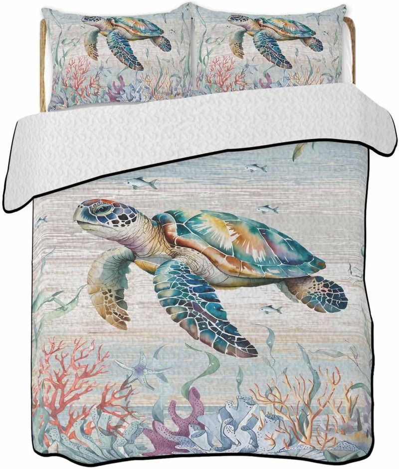 Quilts Full Size Bedding Set, Coastal Turtle Lightweight Quilted Comforter, Nautical Beach Sea Ocean Coral Vintage Soft Reversible Bedspread Coverlet with Pillow Covers for All Season, 78" x 90" - Image 1