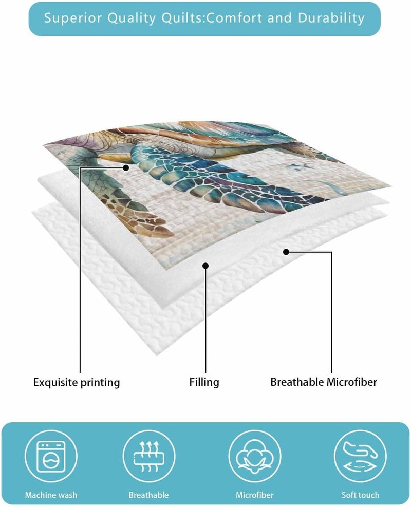 Quilts Full Size Bedding Set, Coastal Turtle Lightweight Quilted Comforter, Nautical Beach Sea Ocean Coral Vintage Soft Reversible Bedspread Coverlet with Pillow Covers for All Season, 78" x 90" - Image 5