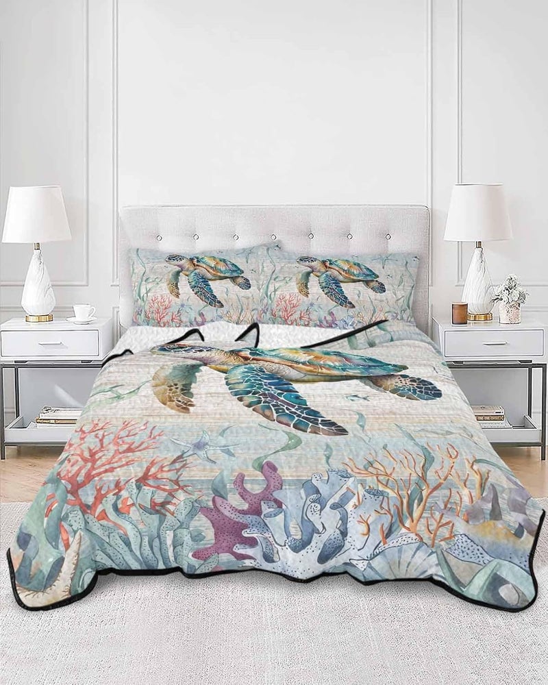 Quilts Full Size Bedding Set, Coastal Turtle Lightweight Quilted Comforter, Nautical Beach Sea Ocean Coral Vintage Soft Reversible Bedspread Coverlet with Pillow Covers for All Season, 78" x 90" - Image 3