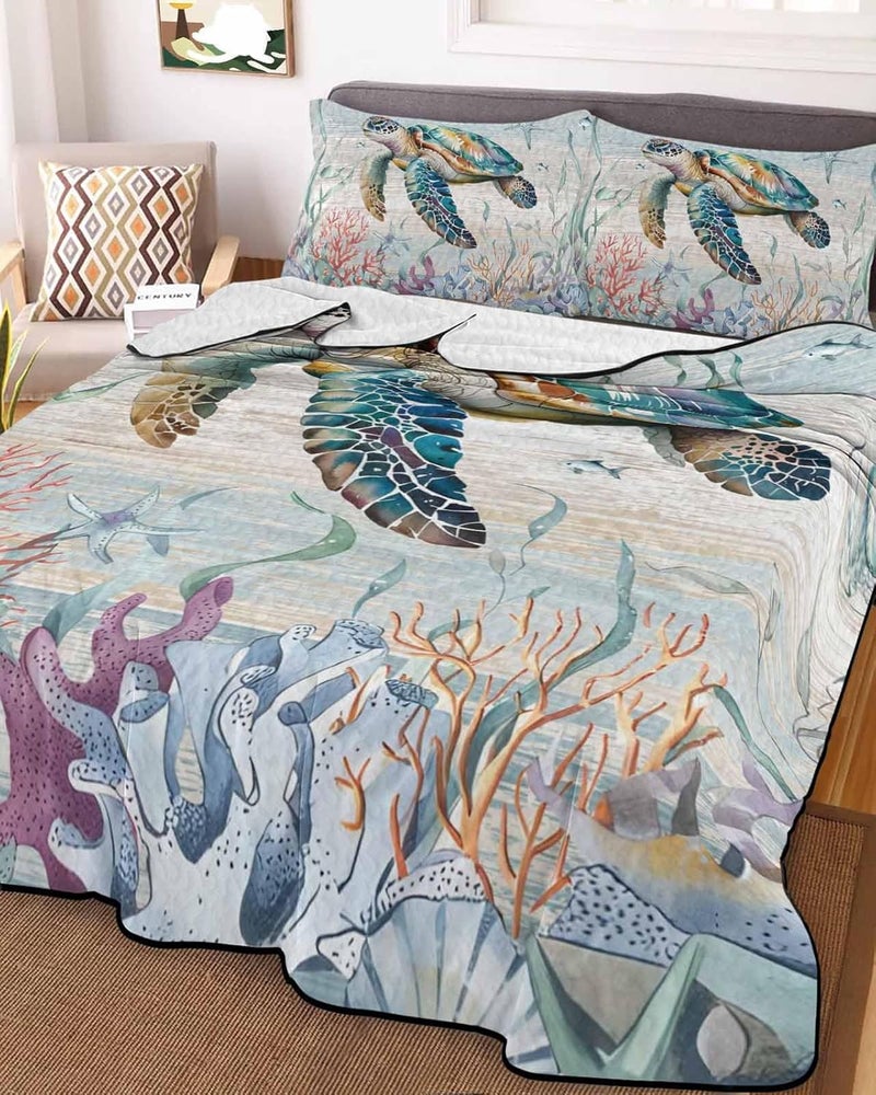 Quilts Full Size Bedding Set, Coastal Turtle Lightweight Quilted Comforter, Nautical Beach Sea Ocean Coral Vintage Soft Reversible Bedspread Coverlet with Pillow Covers for All Season, 78" x 90" - Image 2