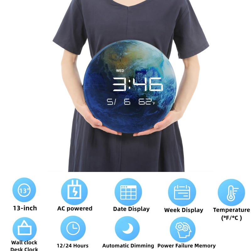 Nbdeal 13" Digital Wall Clock with LED Display, Calendar & Temperature, Automatic Dimming, 12/24hr Format, USB Powered, Wall & Desk Use - HUI-8859 - Image 2