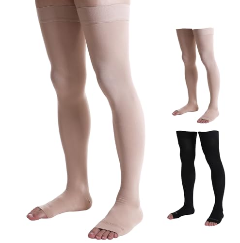 Doc Miller Thigh High Open Toe Compression Stockings 15-20mmHg for Varicose Veins, Pregnancy Support Open Toe Thigh High Compression Socks for Women and Men (Beige, X-Large) - Image 1