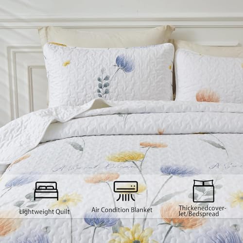 Dinjoy Floral Quilt Set King 3 Pieces Blue & Yellow Quilts Coverlet Set Bohemian Cute Bedspread Lightweight Farmhouse Bed Coverlet for Fall Winter All Season(110"x90") - Image 4