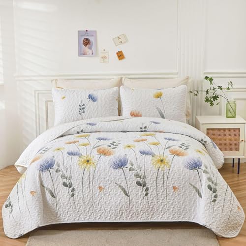 Dinjoy Floral Quilt Set King 3 Pieces Blue & Yellow Quilts Coverlet Set Bohemian Cute Bedspread Lightweight Farmhouse Bed Coverlet for Fall Winter All Season(110"x90") - Image 1
