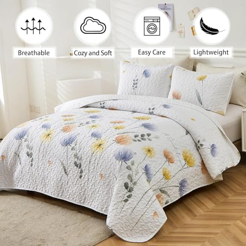 Dinjoy Floral Quilt Set King 3 Pieces Blue & Yellow Quilts Coverlet Set Bohemian Cute Bedspread Lightweight Farmhouse Bed Coverlet for Fall Winter All Season(110"x90") - Image 2