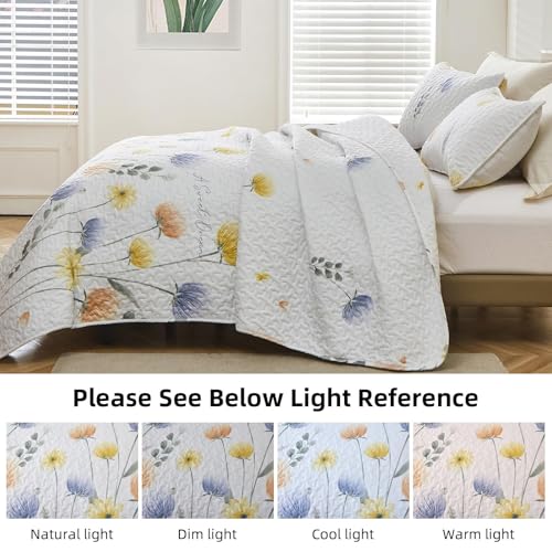 Dinjoy Floral Quilt Set King 3 Pieces Blue & Yellow Quilts Coverlet Set Bohemian Cute Bedspread Lightweight Farmhouse Bed Coverlet for Fall Winter All Season(110"x90") - Image 3