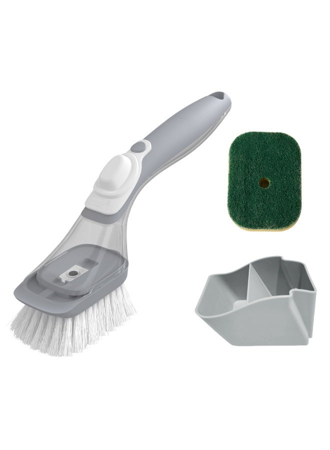 Soap Dispensing Dish Brush Storage Set, Dish Scrubber with Handle, Kitchen Washing Brush for Pot Pan Sink Cleaning, Kitchen Brush with Holder and 1 Replaced Scouring Pad Head - Image 1