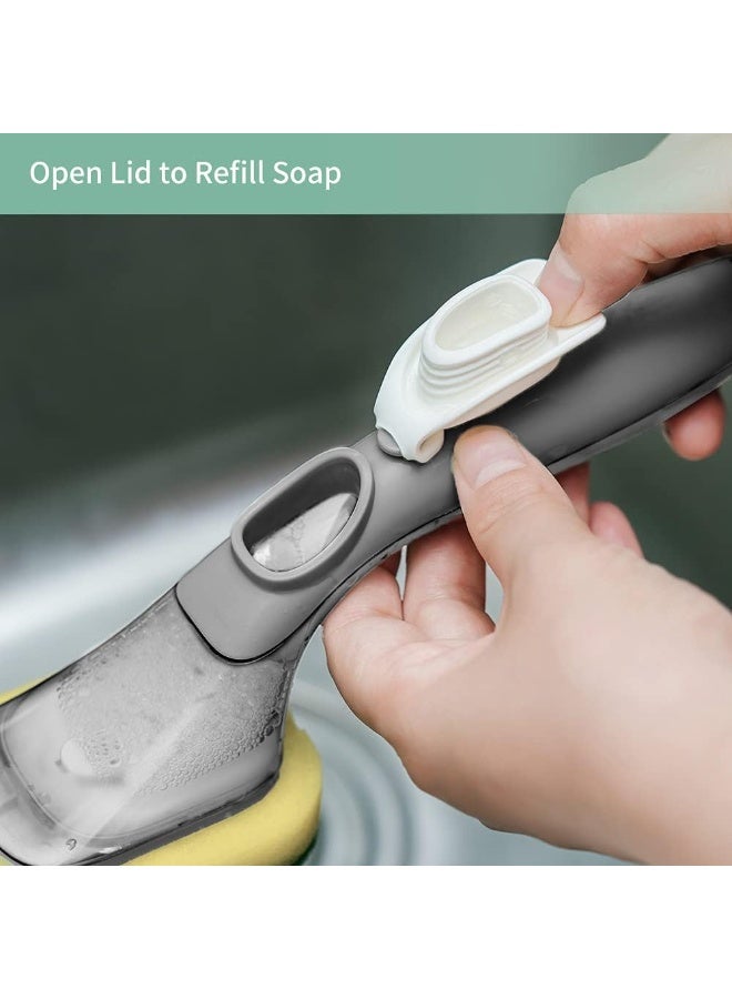 Soap Dispensing Dish Brush Storage Set, Dish Scrubber with Handle, Kitchen Washing Brush for Pot Pan Sink Cleaning, Kitchen Brush with Holder and 1 Replaced Scouring Pad Head - Image 3