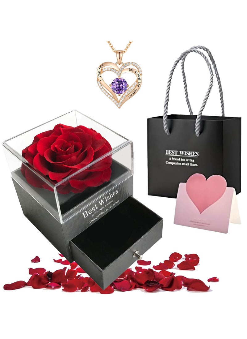 Adando Adando Eternal Rose with Gift Box Cute Eternal Red Rose Set with I Love You Necklace Handmade Preserved Rose Jewelry Box for Mom/Wife/Girlfriend A Romantic Gift for Her  - Image 1