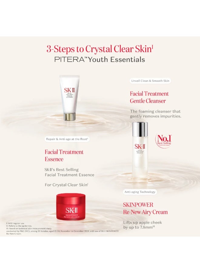 SK-II PITERA™ Youth Essentials Kit with Facial Treatment Essence 75ml, Facial Treatment Gentle Cleanser 20g & SKINPOWER Re-New Airy Cream 15g – 3-Step Japanese Skincare Set for Radiant, Crystal Clear-Looking Skin - Image 4