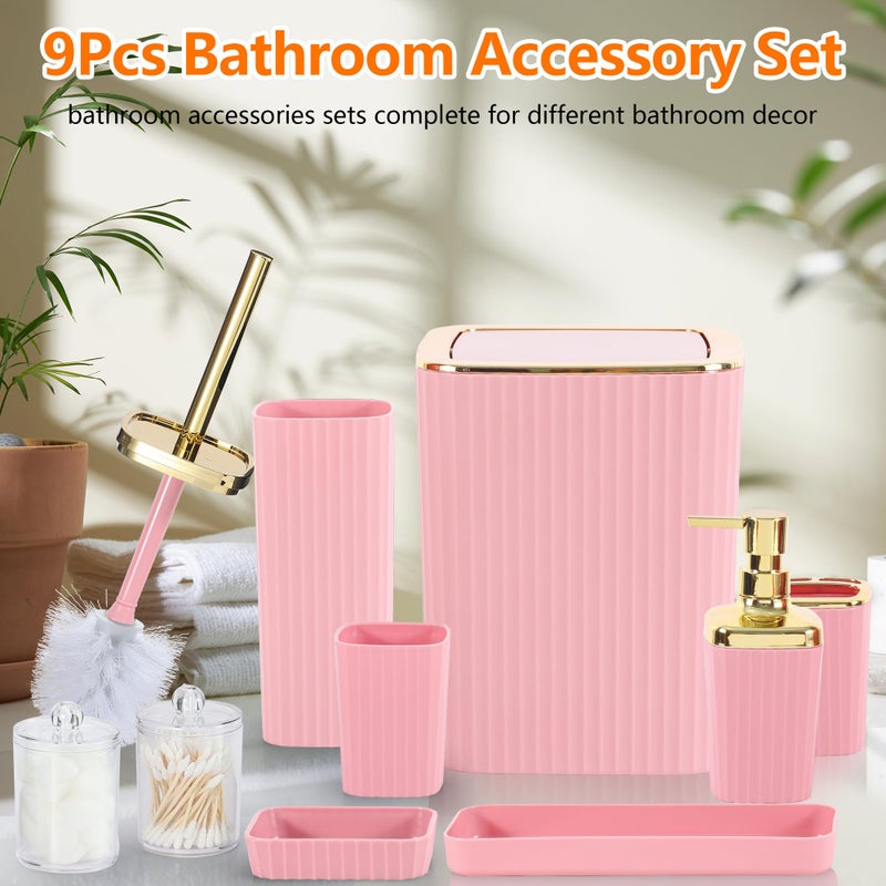Viowil Bathroom Accessory Set,9 Pieces Pink Bathroom Accessories Set with Trash Can, Toothbrush Holder, Soap Dispenser, Toothbrush Cup, Vanity Tray, Soap Dish, Toilet Brush, Qtip Holder - Image 2