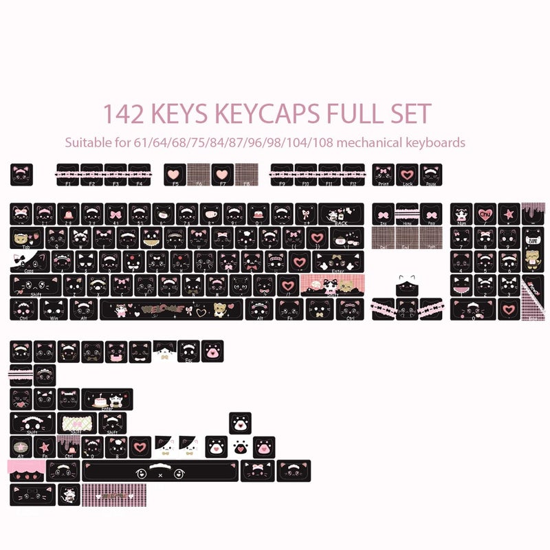 TYRIXKI PBT Keycaps 142 Keys Cute Keycaps Dye-Sublimation Black Cat Keycap Mao Profile Custom Keycap for Cherry Gateron MX Swithes Mechanical Keyboards - Image 4