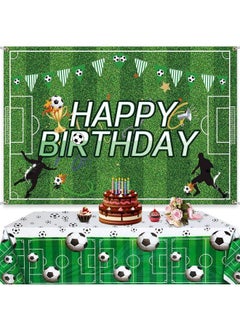 Irenare Soccer Party Decorations Include Vinyl Soccer Happy Birthday Backdrop Banner And Plastic Soccer Pattern Tablecloth For Soccer Birthday Party Decorations  - Image 1