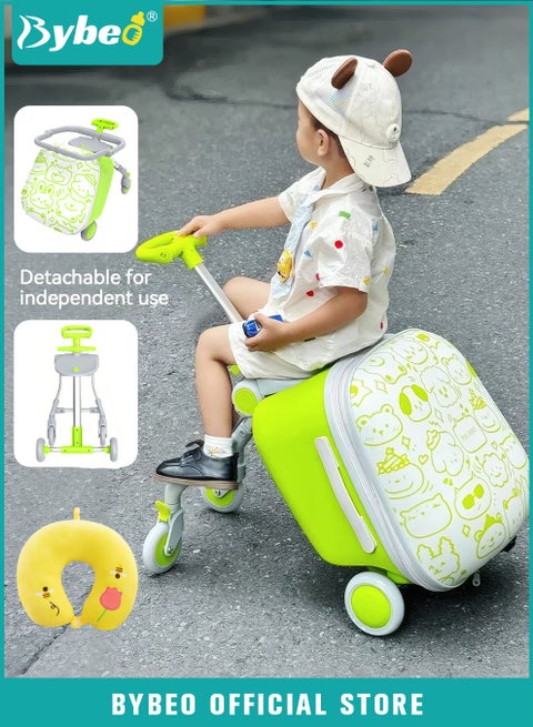 2PCS Kids Ride-on Luggage Set, 20" Expandable Carry-on Rolling Suitcase with Child Guardrail, Kids Trolley Case with Handle, Sit Down Trolley Suitcase for Toddlers With 360° Swivel Wheels and U-Shaped Pillow, Perfect for Family Vacations, School & Airports