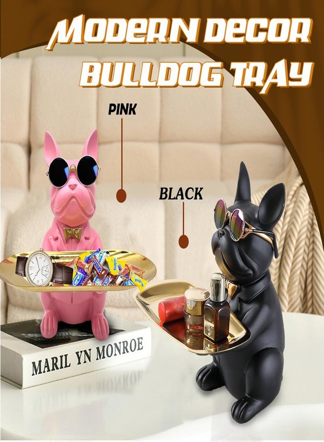 Huhote Bulldog Tray Statue, Sitting Bulldog Candy Dish Key Holder Bowl, Bulldog Accessories, Resin Statues for Office Desk Home Decor Figurines Entryway Table Decor (Pink) - Image 3