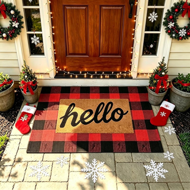 MUBIN Major city pickup option Christmas Door Mat Outdoor 27.5 x 43 Inch Red and Black Plaid Rug Christmas Decor Rug Cotton Hand-Woven Layered Door Mats Washable Carpet for Front Porch, Kitchen, Farmhouse, Entryway Cleaner resistant - Image 3
