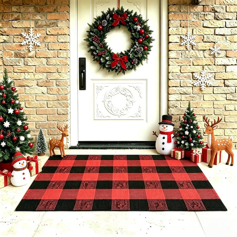 MUBIN Major city pickup option Christmas Door Mat Outdoor 27.5 x 43 Inch Red and Black Plaid Rug Christmas Decor Rug Cotton Hand-Woven Layered Door Mats Washable Carpet for Front Porch, Kitchen, Farmhouse, Entryway Cleaner resistant - Image 1
